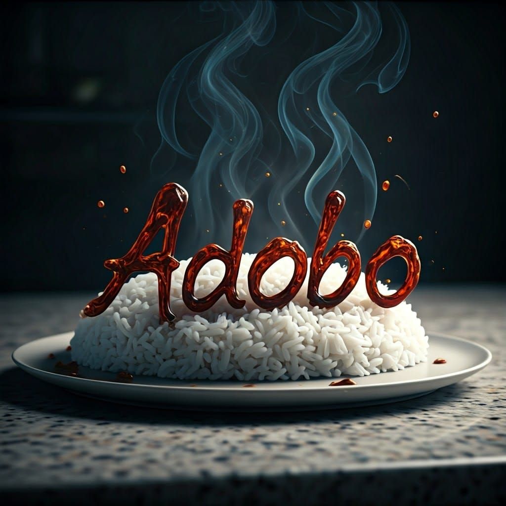A plate of rice with a written text “Adobo“ from a soy sauce...