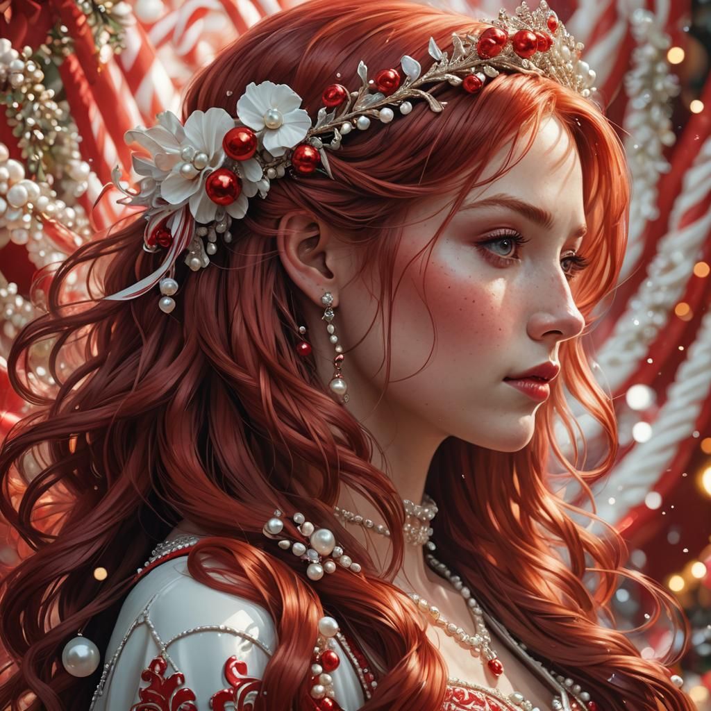 Red-Haired Woman Portrait with Pearl Tiara