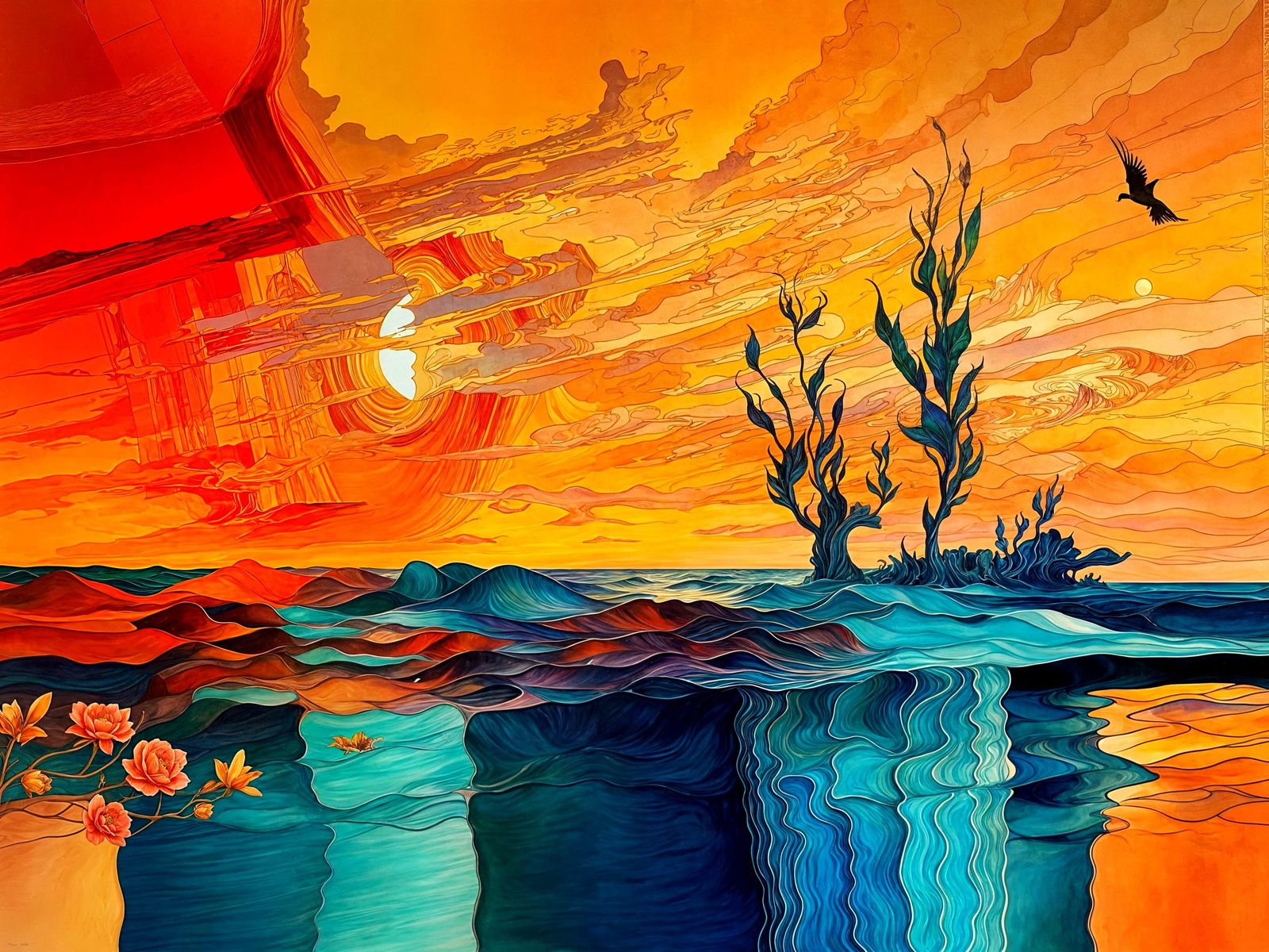Surreal Floral Seascape at Sunset in Cubist Style