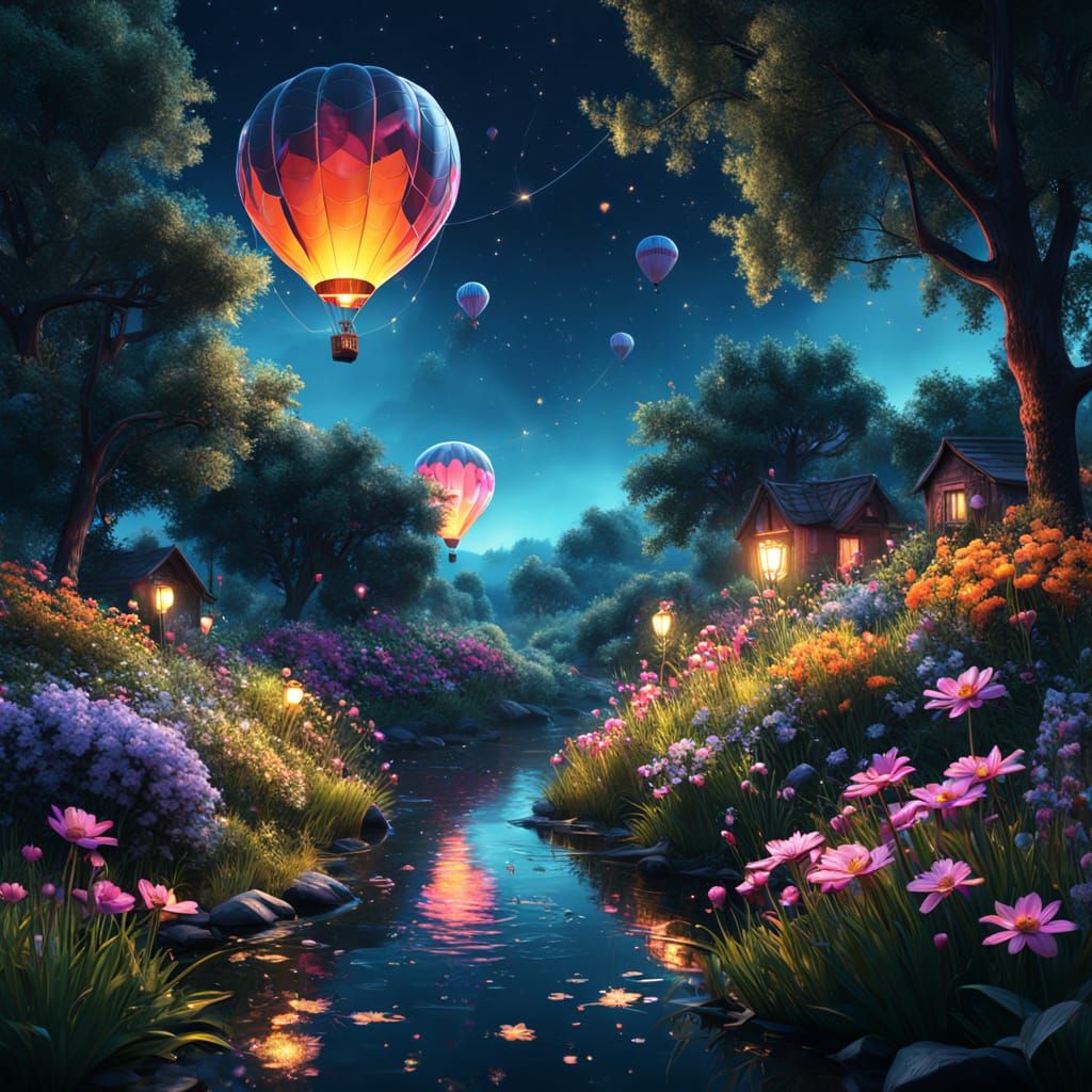Surreal Night Garden Scene with Glowing Flowers and Stars