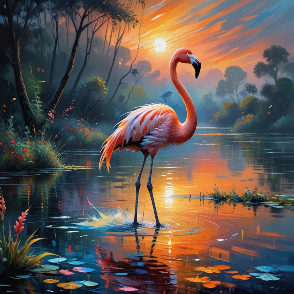 Ethereal Flamingo Dances on Sunset Lake in Ultra-Detailed Im...