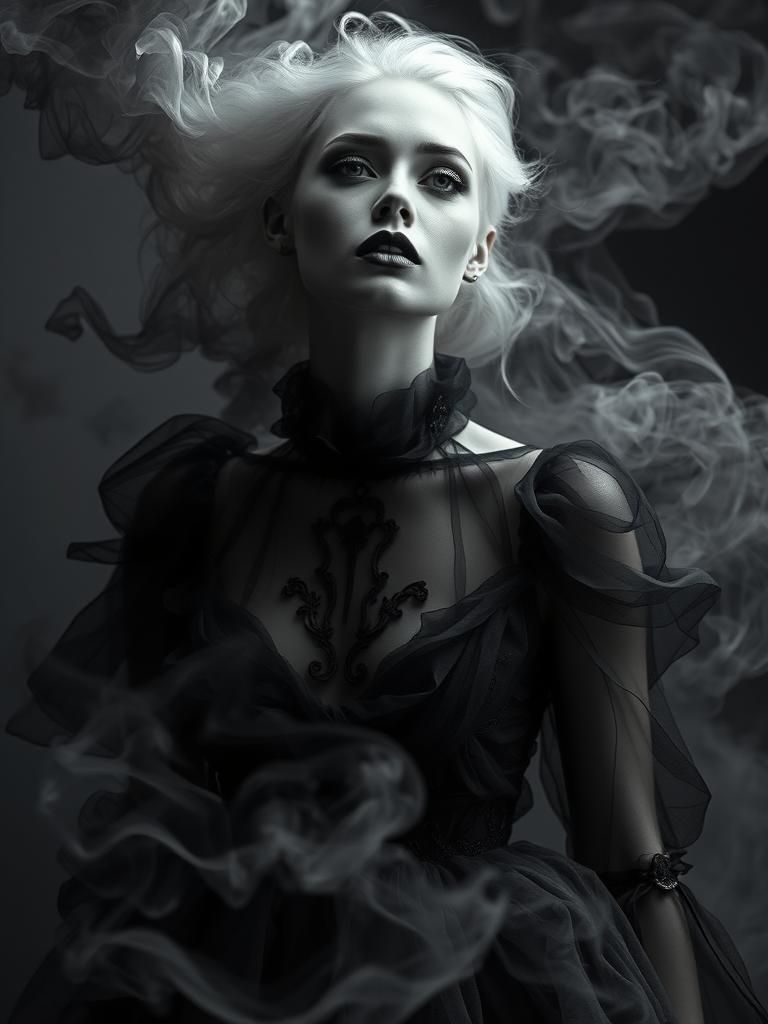 Eerie Smoke Fashion: Ghostly Figure in Art Nouveau Style