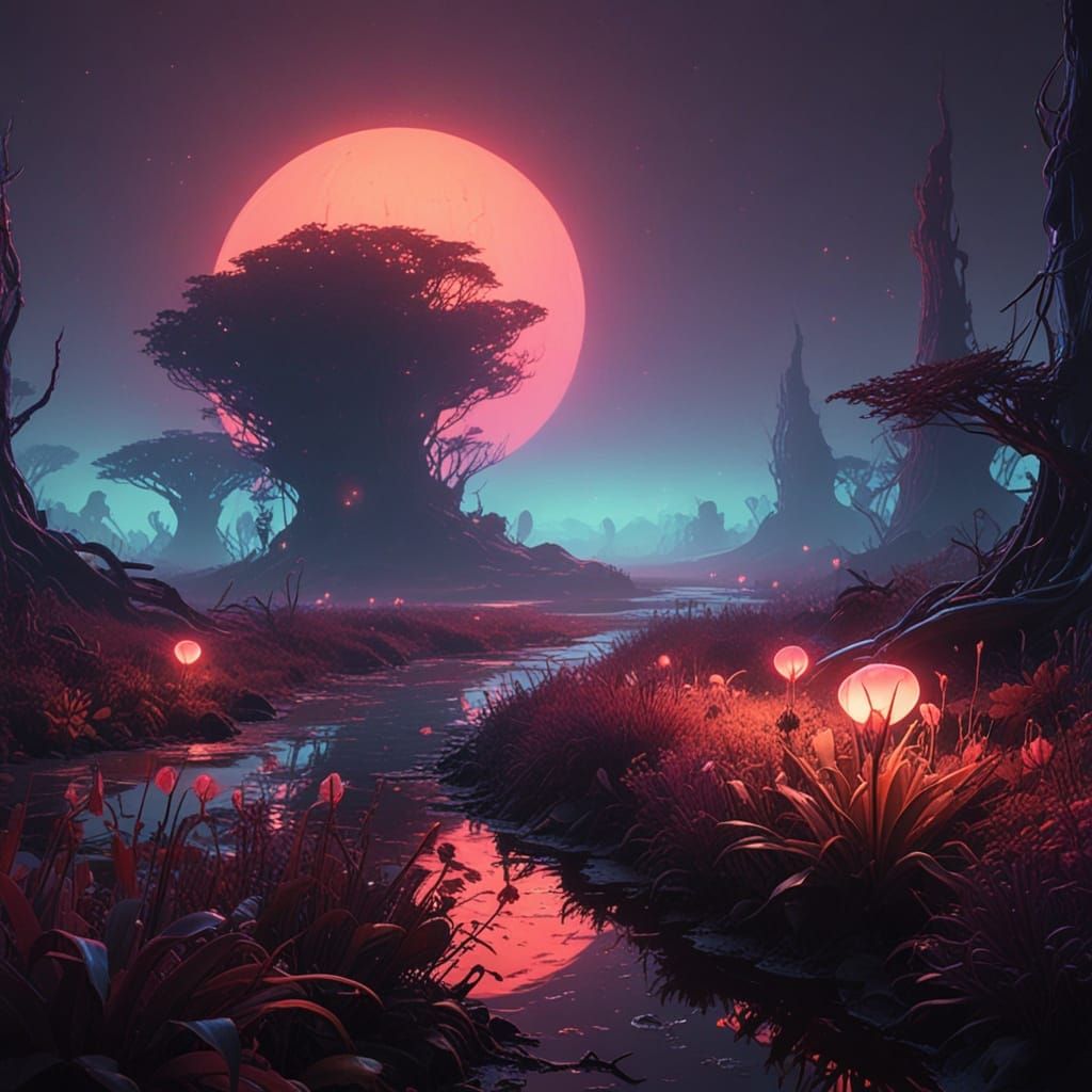 Bizarre Alien Ecosystem in a Bioluminescent Landscape