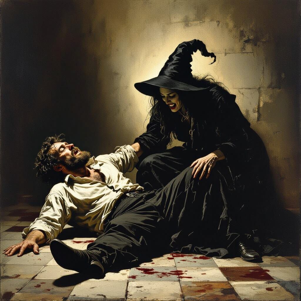 Witch Dominates Man in Dark Gothic Art Style