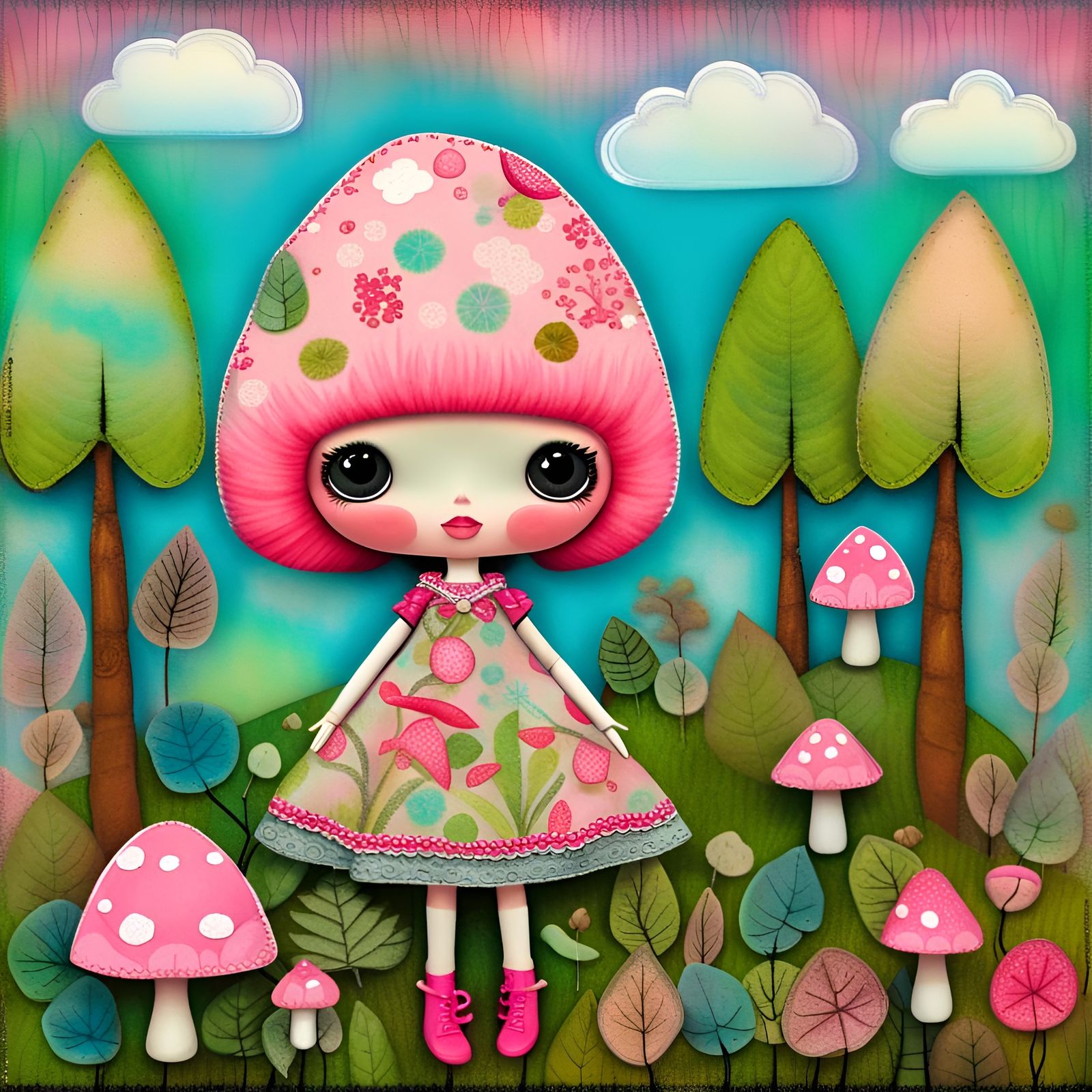 Joyful Blythe Doll in Forest, Art Brut Style