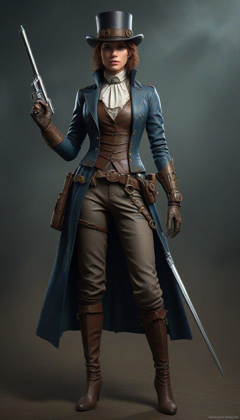 Victorian Steampunk Amazon Warrior in Industrial Landscape