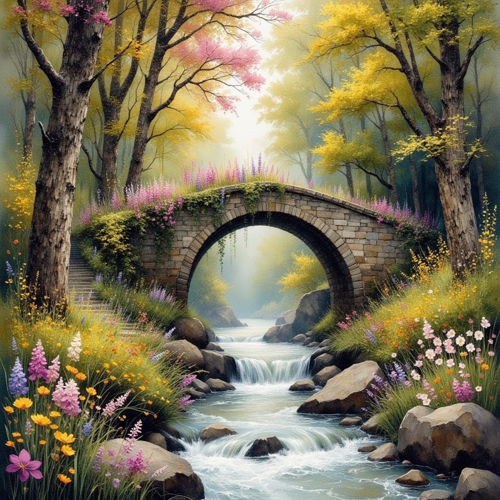Idyllic English Bridge in Impressionist Style