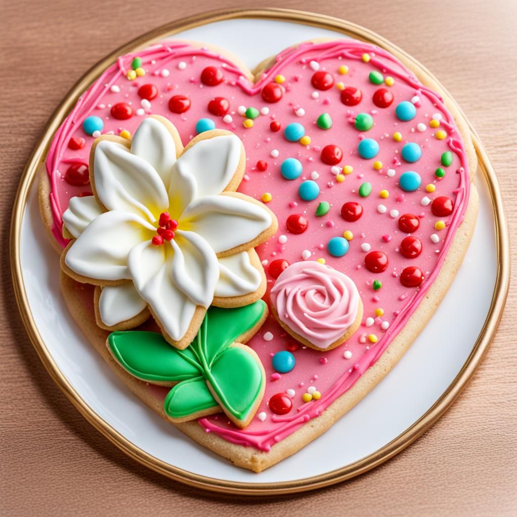 Heart-Shaped Cookie with Flowers on Gold Tray