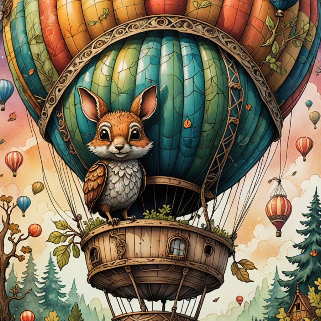 Whimsical Woodland Creature in a Hot Air Balloon