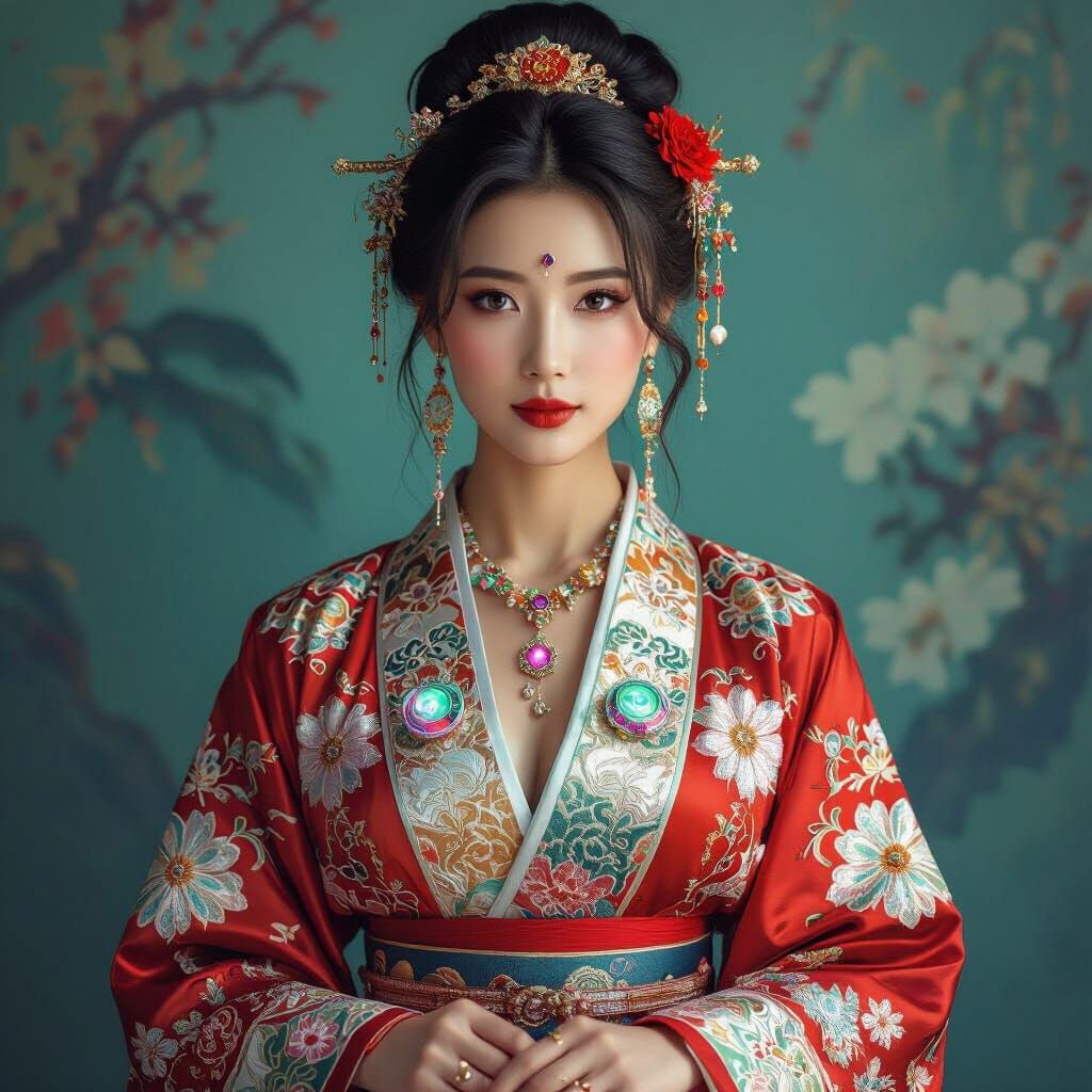 Chinese Woman in Silk Robes with Sci-Fi Jewelry