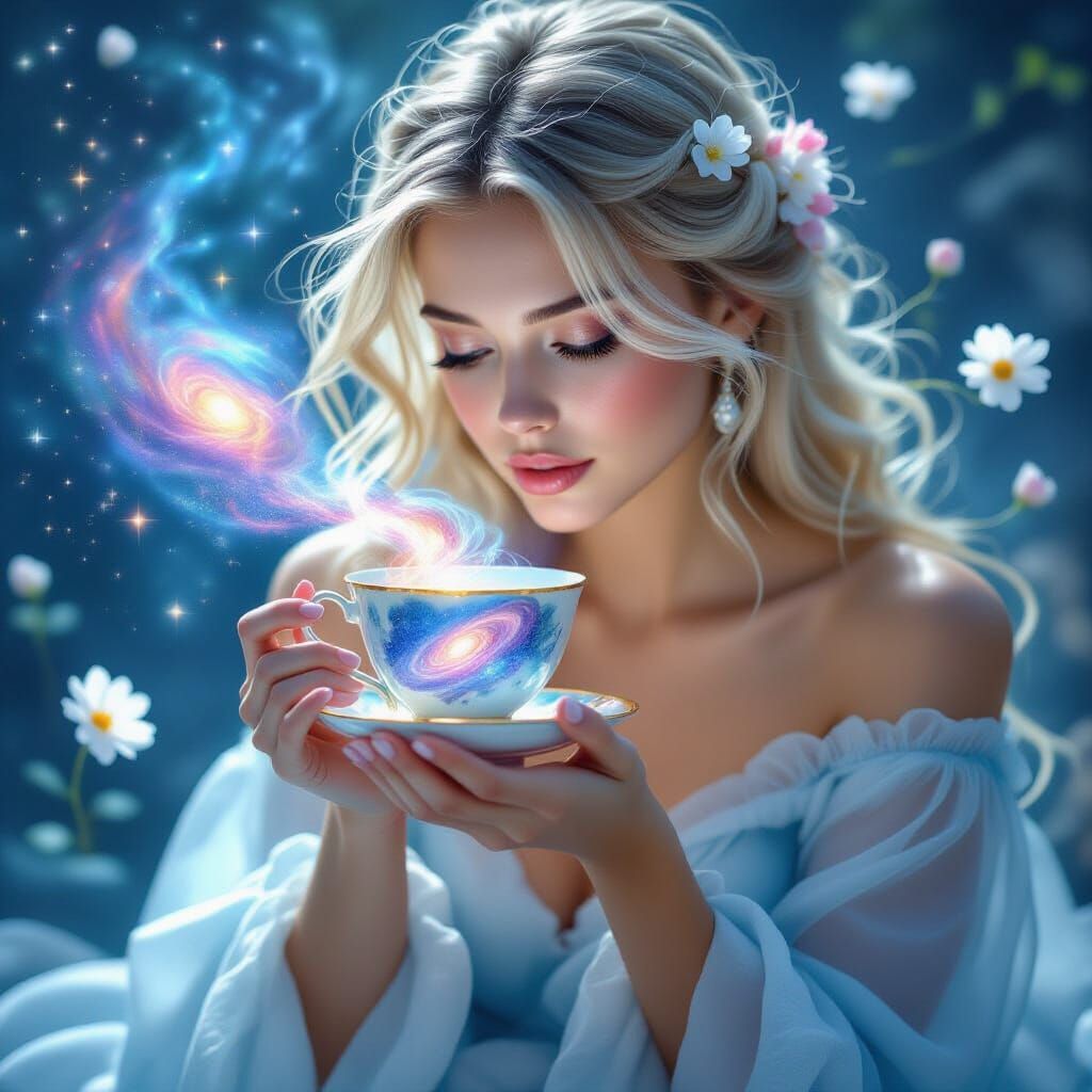 Woman Gazes Into Teacup Nebula, Dreamlike Digital Art