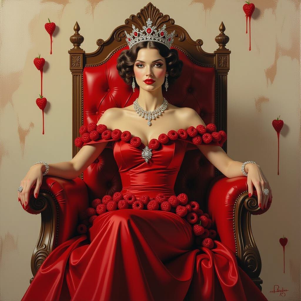 Surreal Queen Adorned with Raspberries on Throne