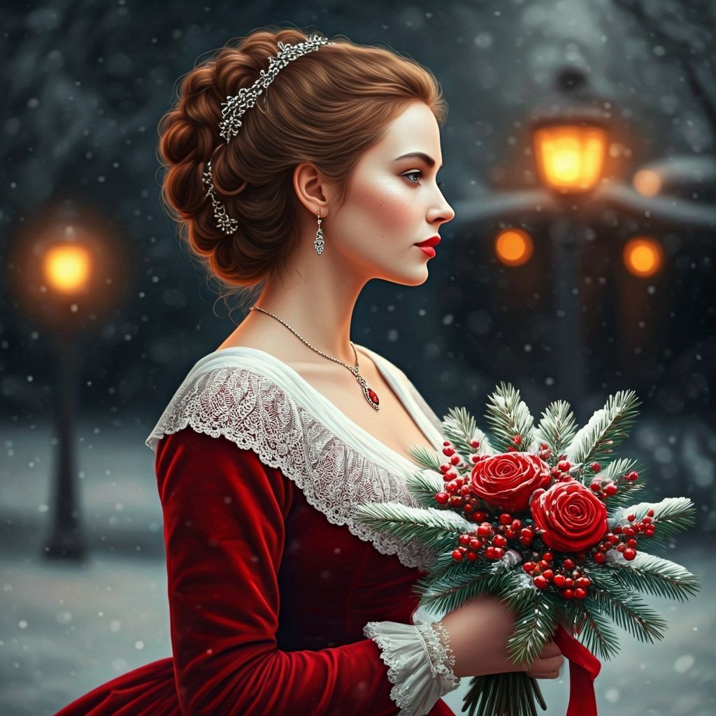 Victorian Woman in Red Gown with Rose Bouquet in Snow