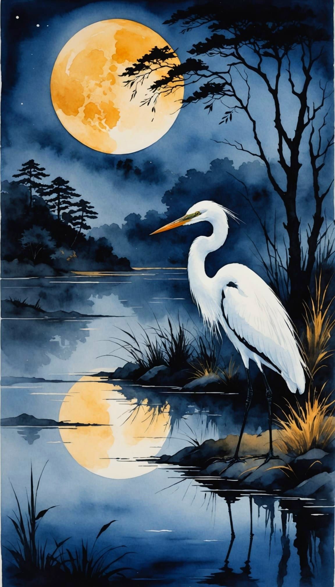 Egret Silhouette by Golden Moon in Ethereal Japanese Style
