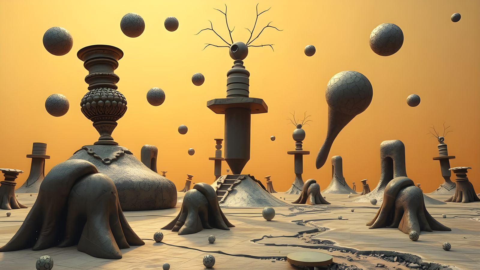 Surreal Landscape with Melting Forms in Oil on Canvas