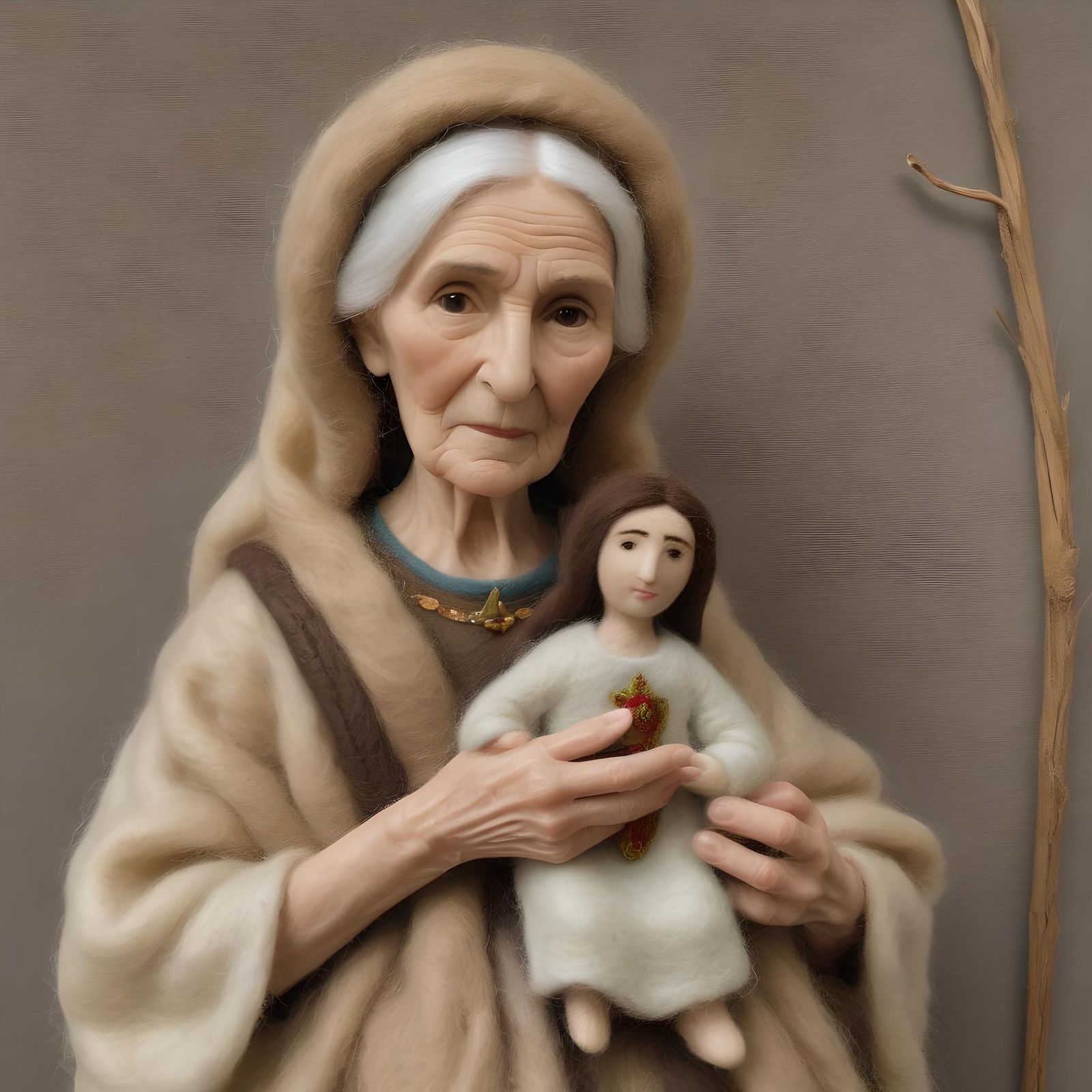 Needle-Felted Sculpture: Elderly Woman with Jesus Icon