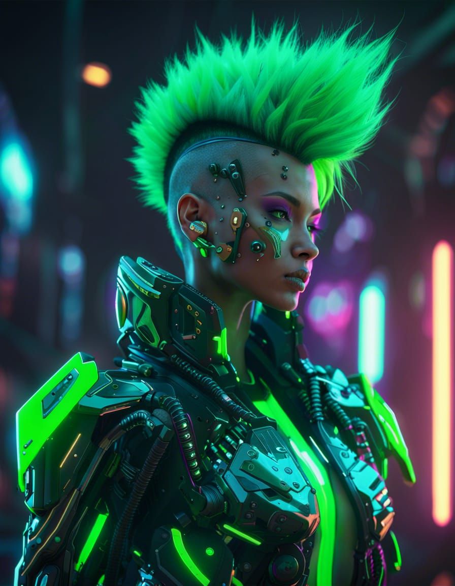 Cyberpunk Girl with Neon Mohawk in Sci-Fi Style