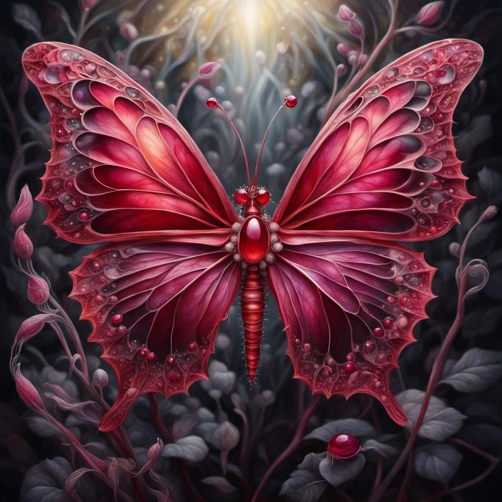 Ruby Butterfly Metamorphosis in Magical Realism Style