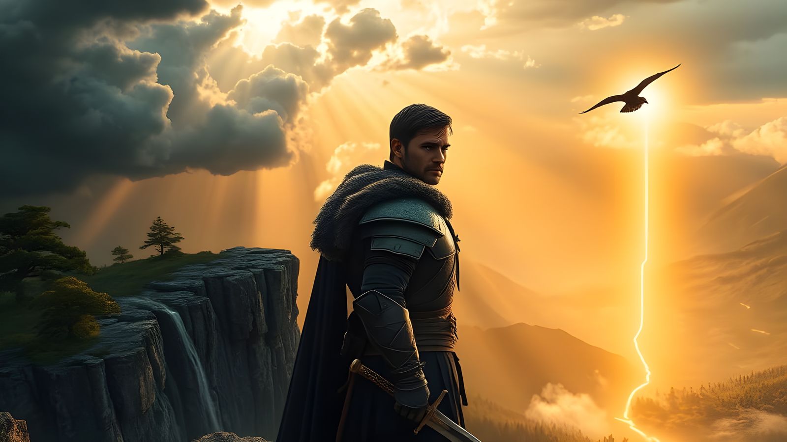Nordic Warrior Overlooks Sunlit Lands After Storm
