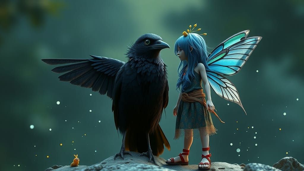 Blue Crow and Gothic Fairy in Fantasy Art