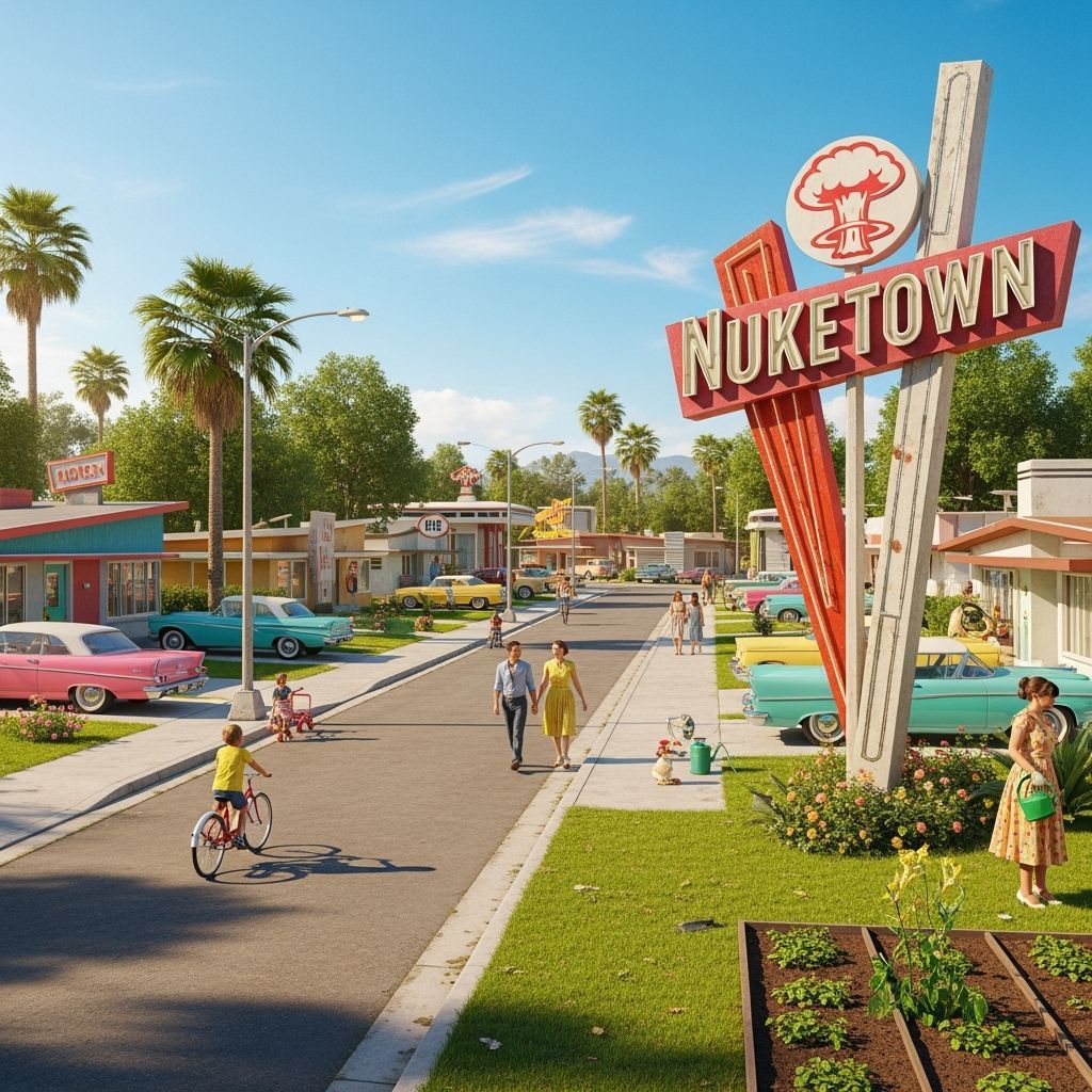 Retro-Futuristic Nuketown: A Bustling 1950s Scene