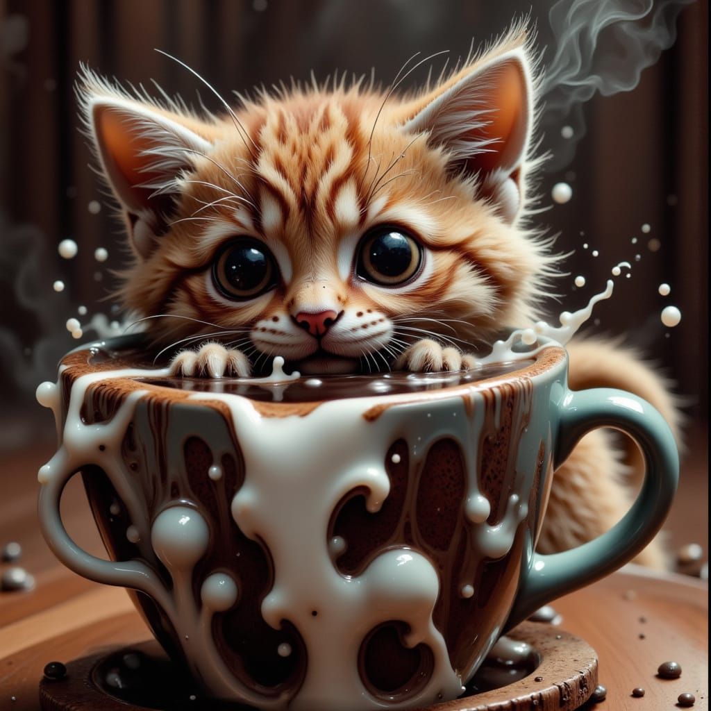 Stunning Cinematic Coffee Mug Scene with Funny Cat