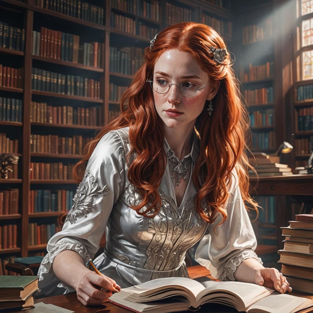 Red-Haired Librarian Reads a Book: Hyperrealistic Image