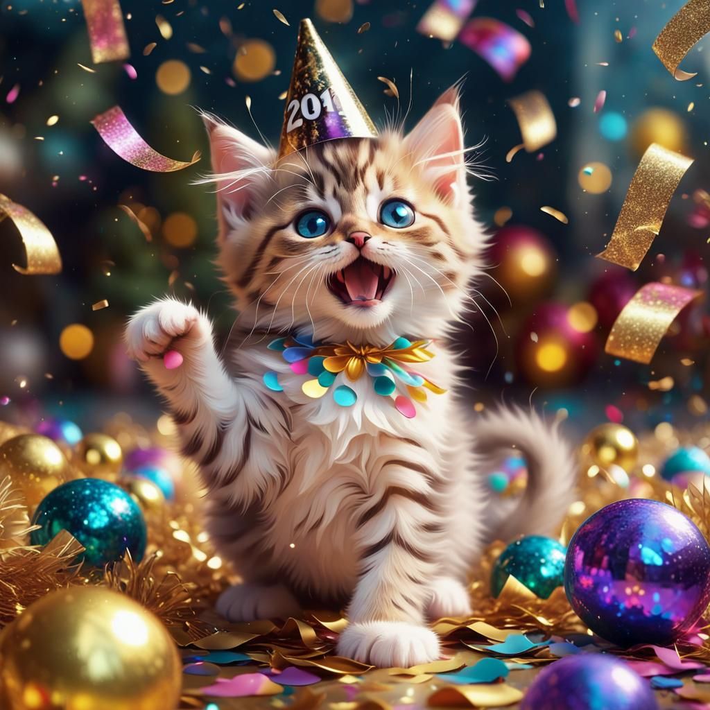 Kitten's New Year Celebration in Hyperrealistic Style