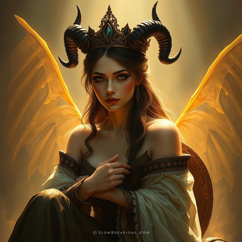 Elegant Scottish Warrioress Adorned with Black Horns