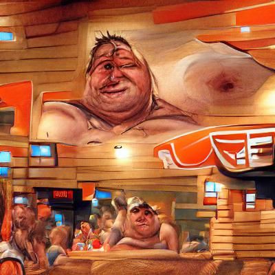 Shirtless Man in Hooters Restaurant: Humorous AI Art