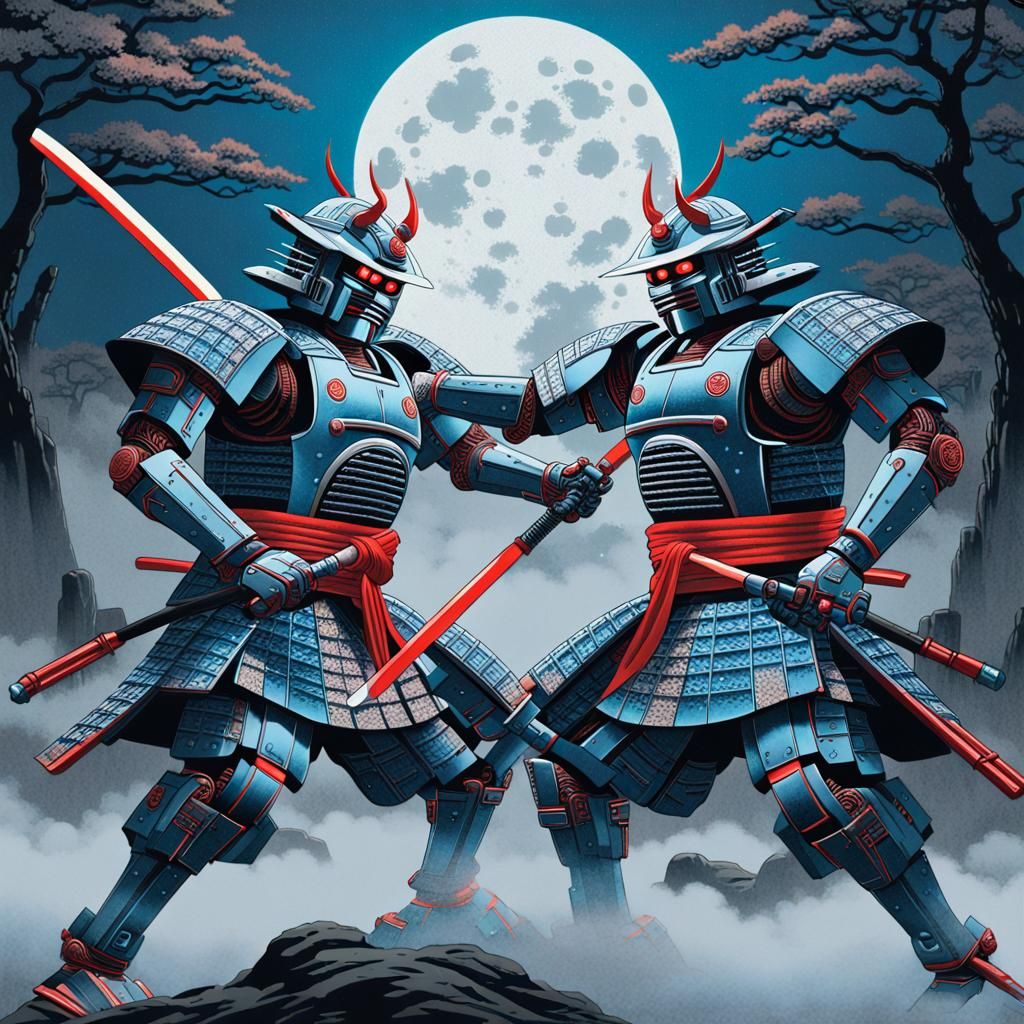 Traditional Japanese Ukiyo-e art of two ROBOT samurai battli...