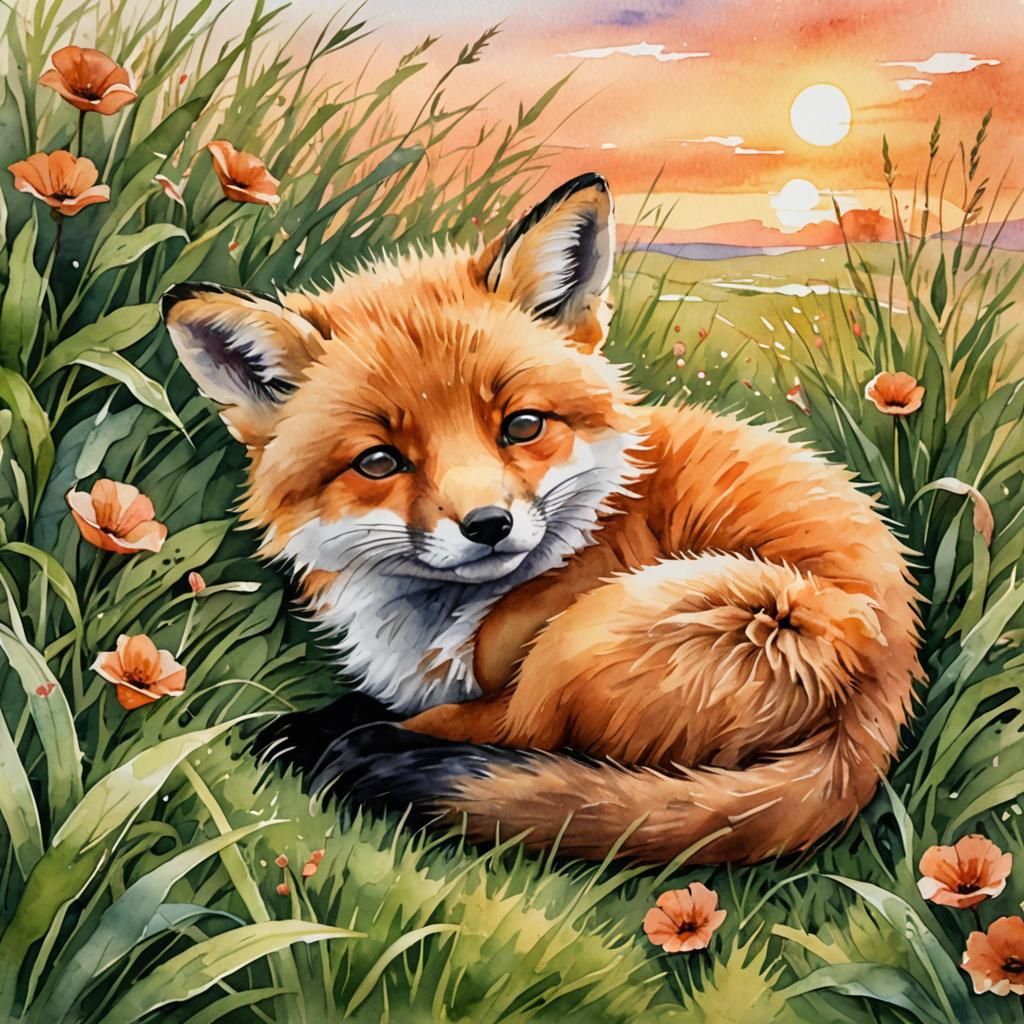 Sleeping Baby Fox in Soft Watercolour Sunset