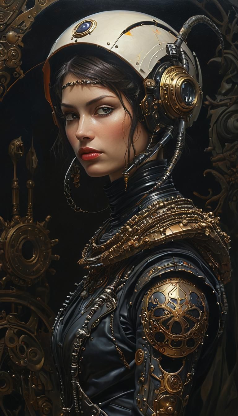 Cyborg Punk Woman in Exotic Dark Oasis, Oil Painting