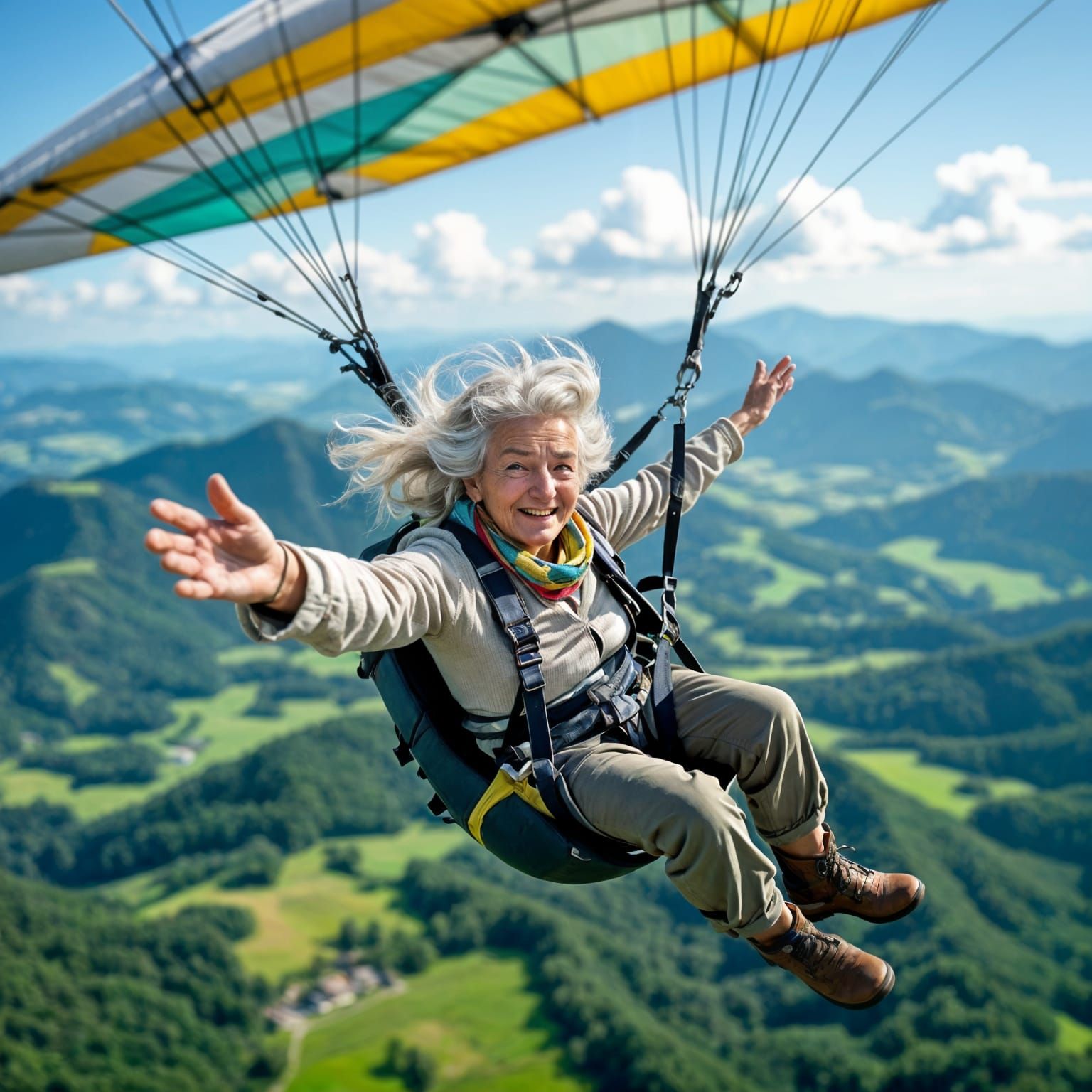 Whimsical Old Woman Hang Gliding Over Verdant Landscape