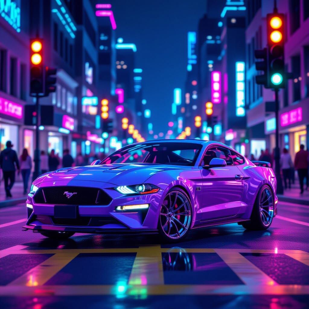 Ultra Neon Mustang in Futuristic Cityscape