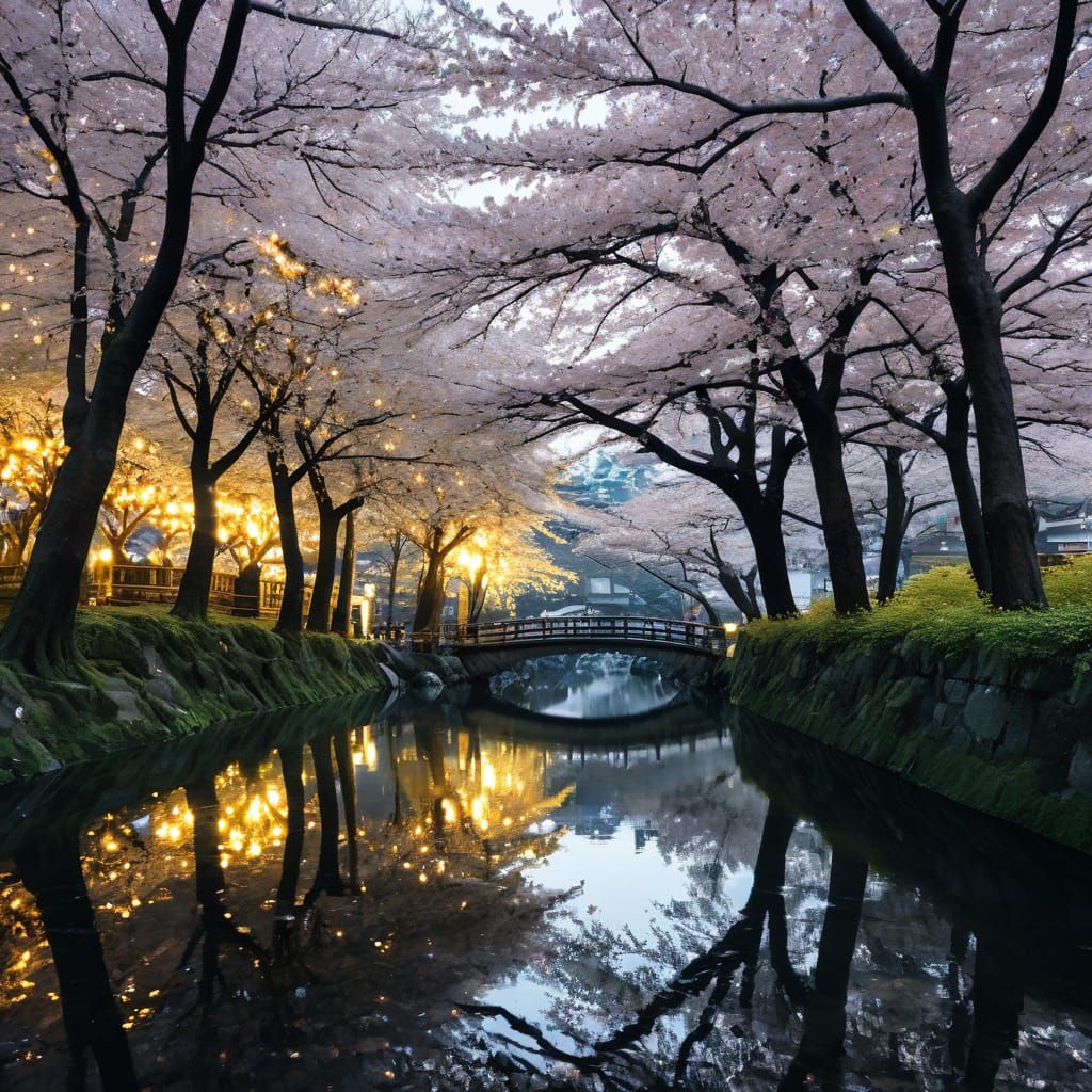 Golden trees, sakura, crystal light.