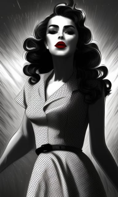 Glamorous Woman in Noir Style with Red Lipstick