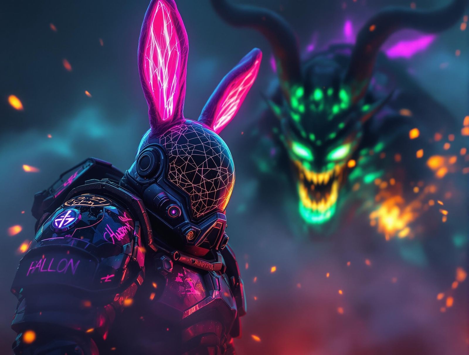 Neon Bunny Marine Defies Chaos in Smoky Battlefield