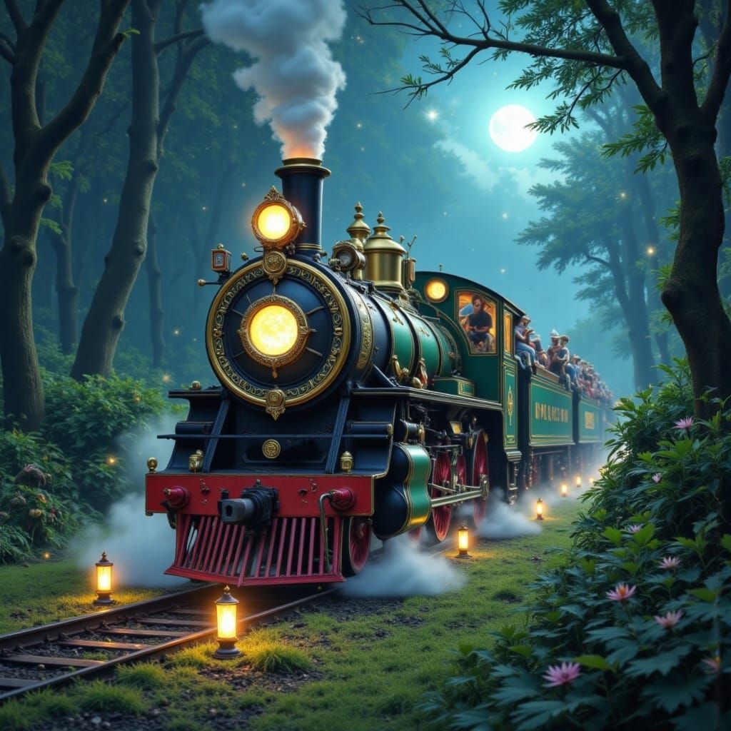 Celtic Locomotive Carrying Fairy Folk in Moonlight