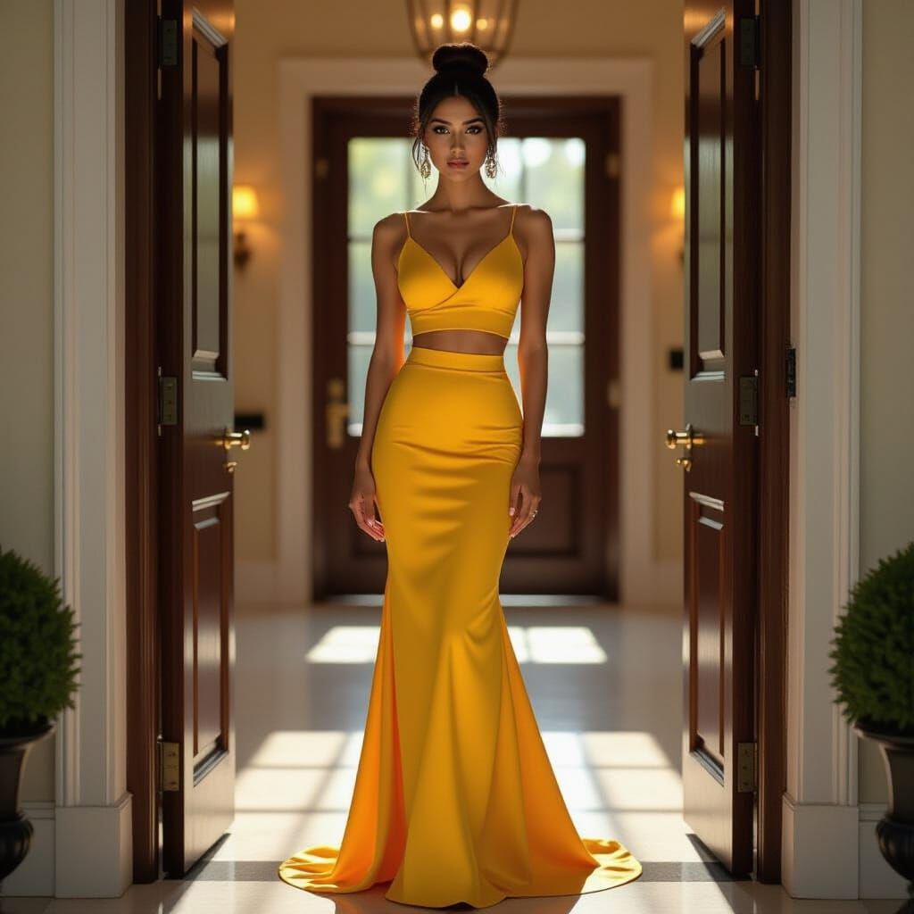 Beautiful Indian Woman in Yellow Skirt at Doorway