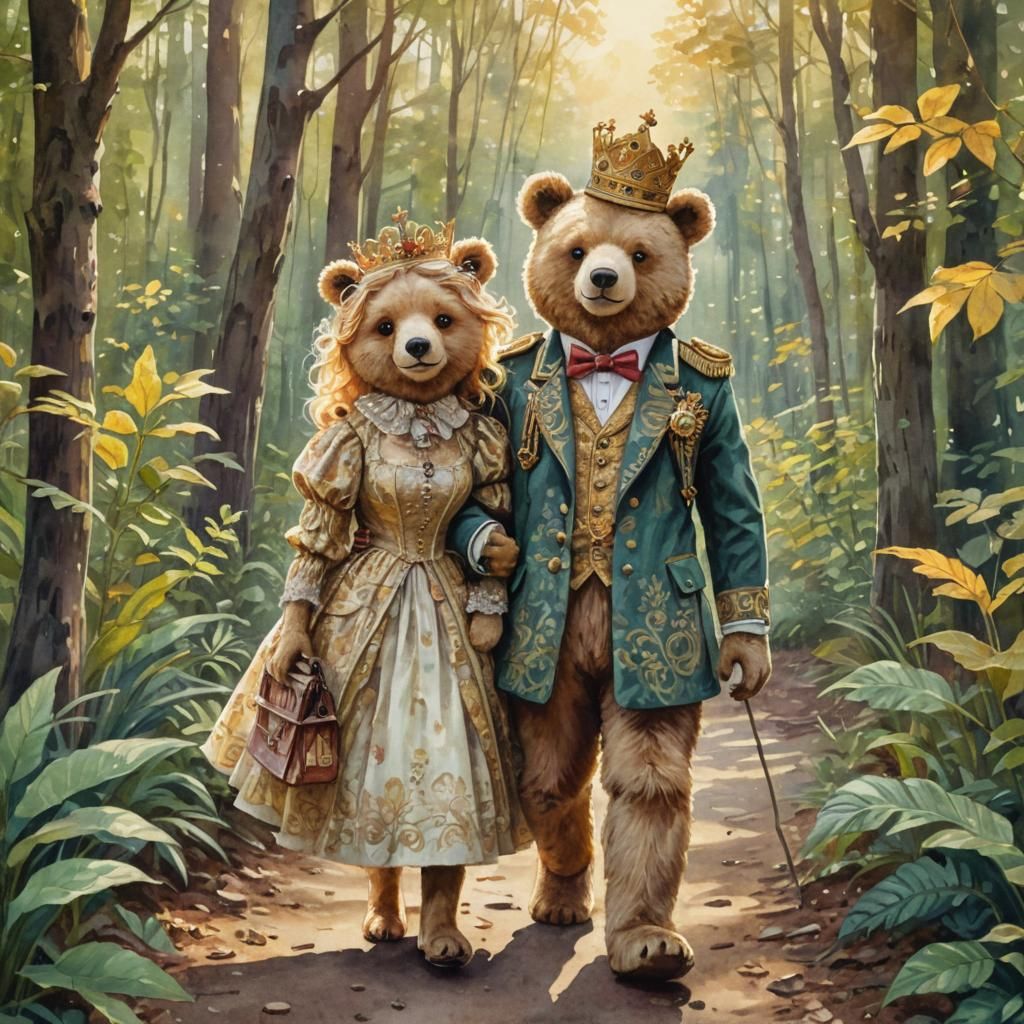 Teddy Bear King and Queen Explore Forest in Fauvist Style