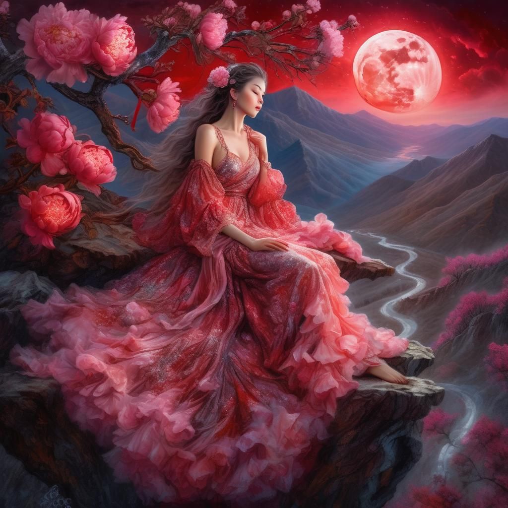 Girl on Peony Branch under Red Moon
