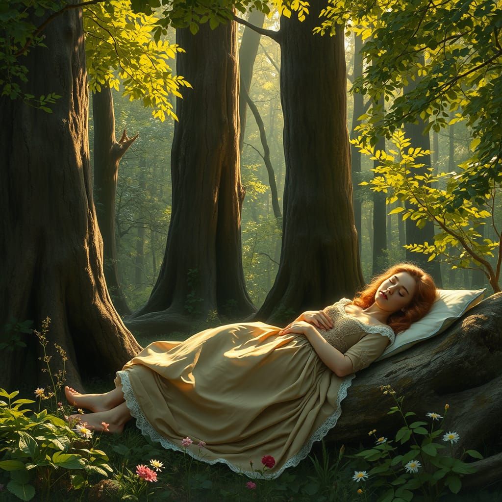 Romantic Realism Sleeping Beauty in a Medieval Forest