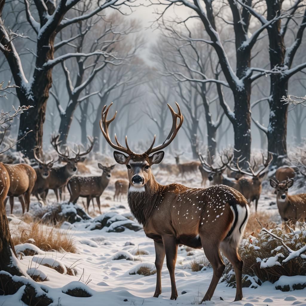 Sika Deer in Snowy Landscape: Matte Painting