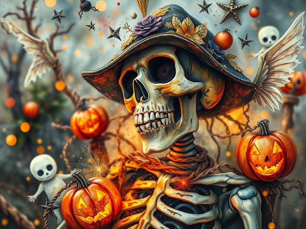 Scary Skeleton Scarecrow with Ethereal Halloween Details