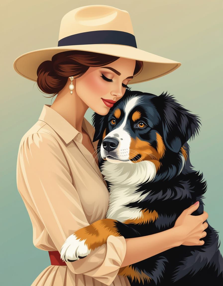 Lady Hugs Bernese Mountain Dog with Gradient Background