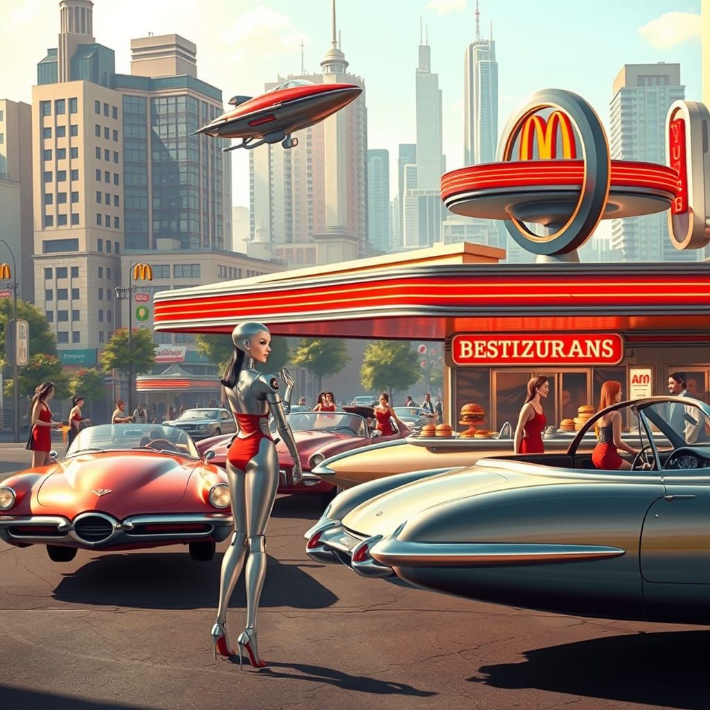Retro-Futuristic Cityscape with Female Robots Serving in Fly...