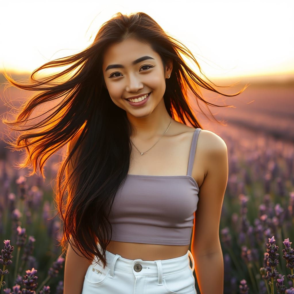 Serene Japanese Woman in Lavender Field at Sunset