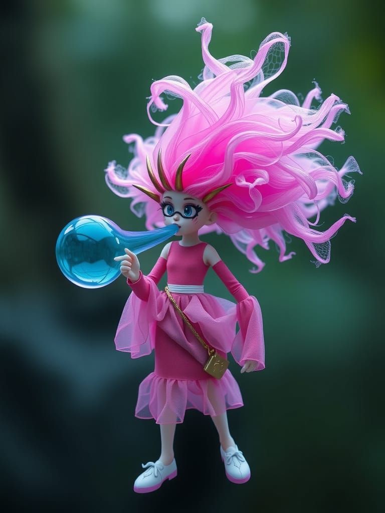 Fantasy Pink Bubblegum Character Blows Blue Bubble