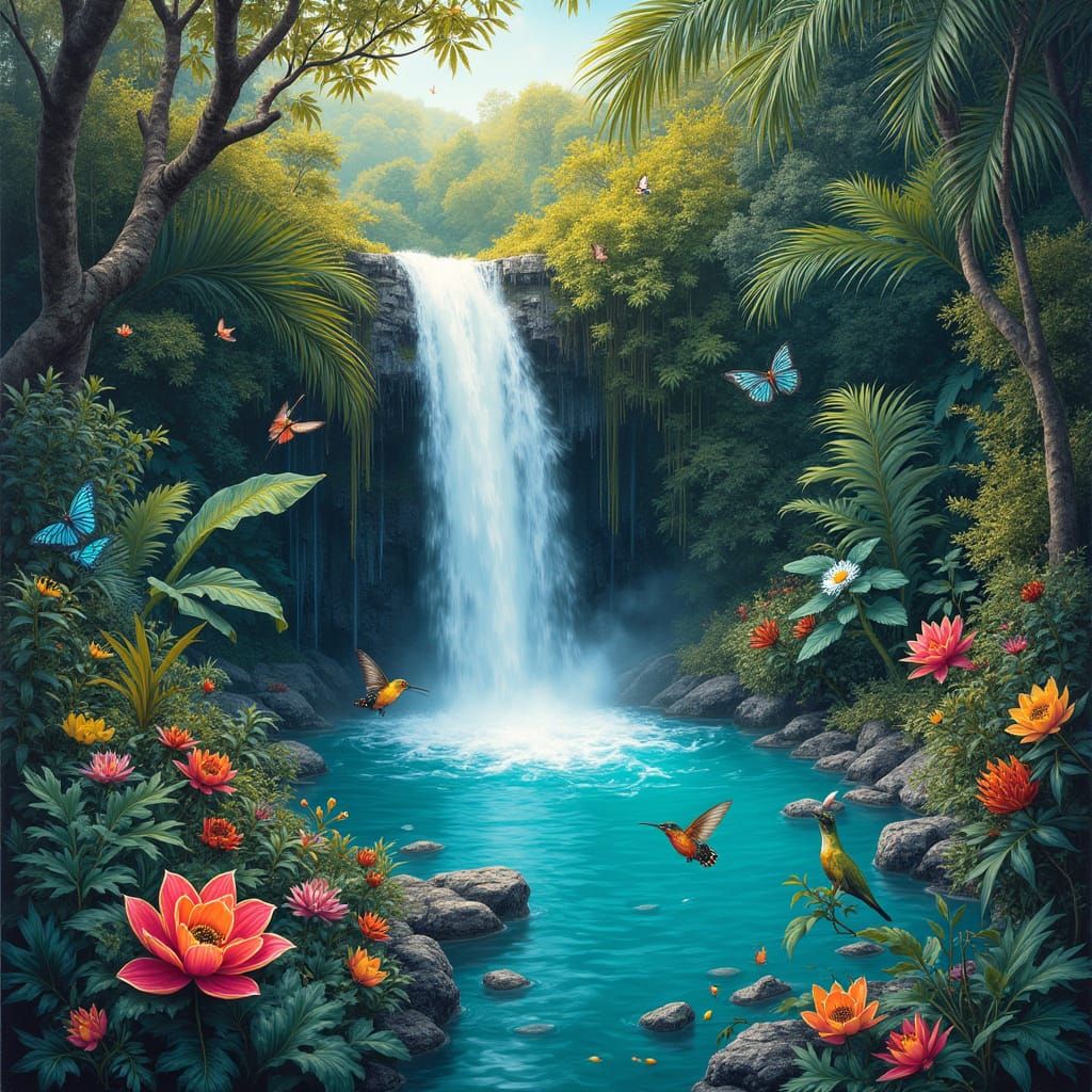 African Paradise Waterfall with Whimsical Wildlife
